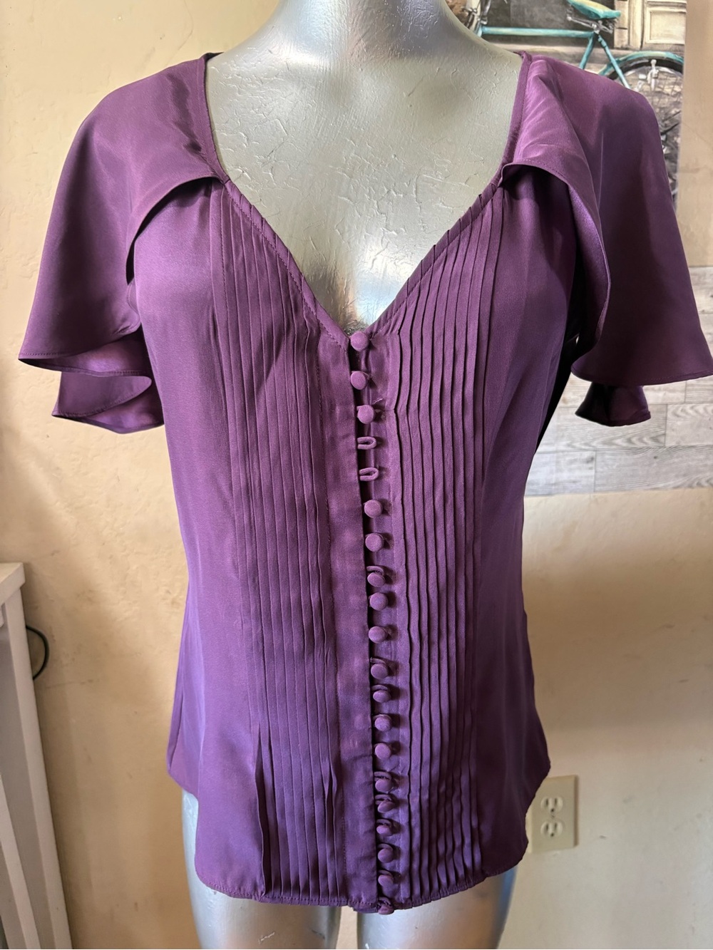 Elizabeth and James Purple Pleated Silk Button-Front Blouse